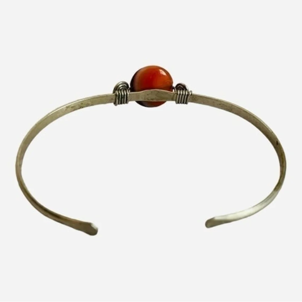 Women's Amber Gemstone Silver Tone Navajo Style Open Bangle Bracelet VG